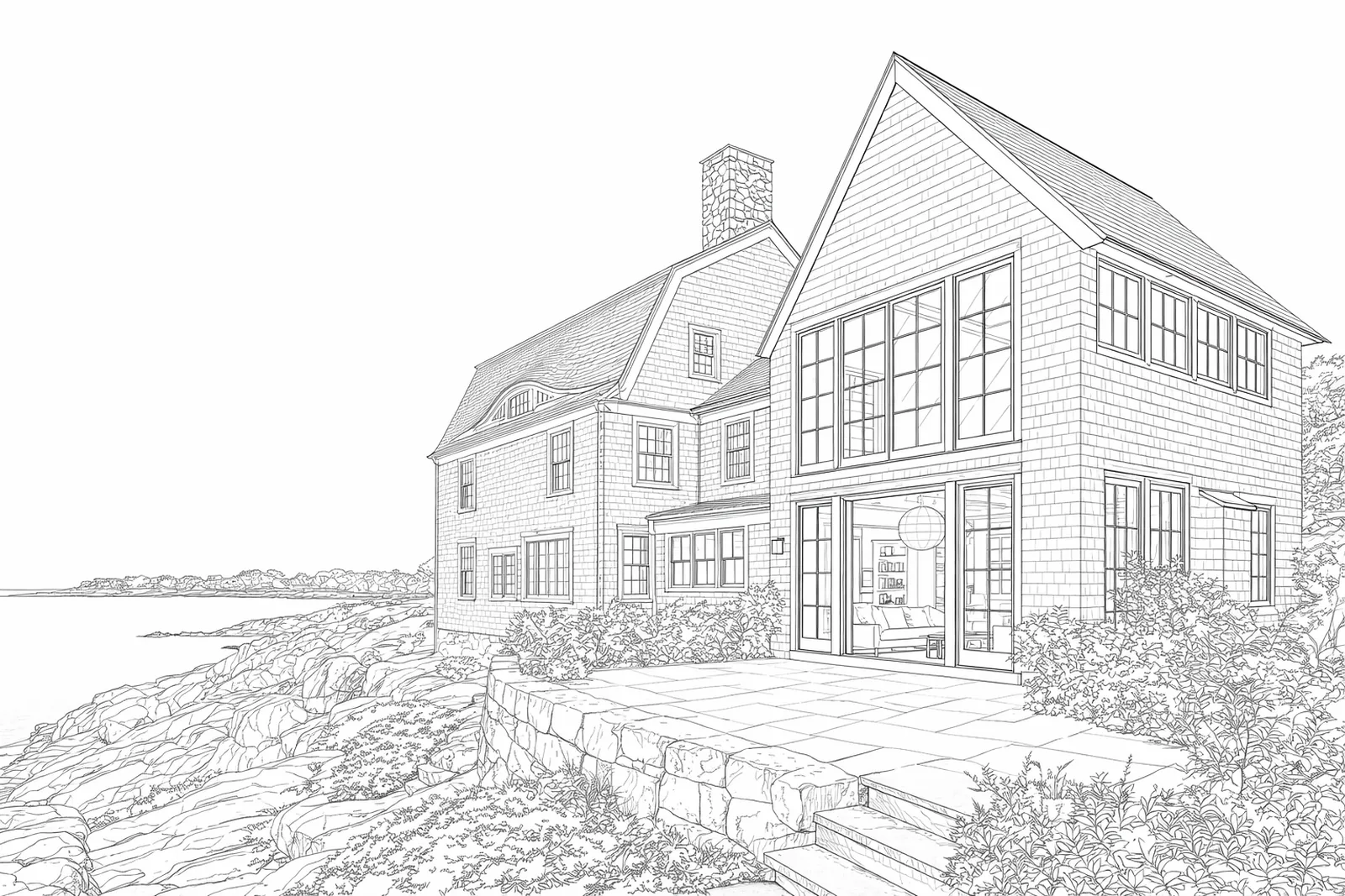Line drawing: Blue-hour view of a gray cedar-shingle gambrel house on granite ledge above the ocean, with a new two-story shingled addition whose tall black-framed windows glow with warm interior light over a bluestone terrace
