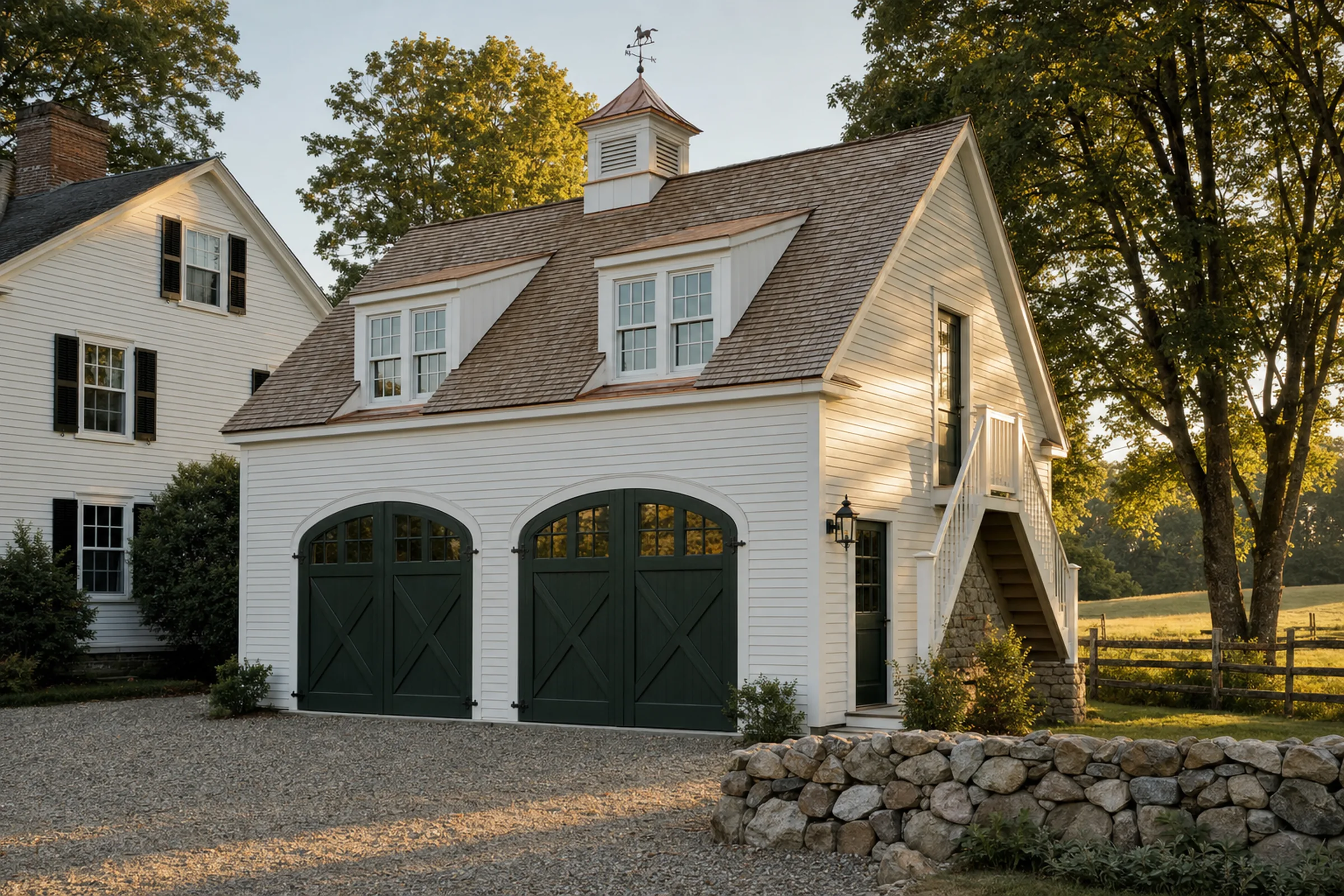 White clapboard two-bay carriage house with arched dark green carriage doors, two shed dormers, a copper-roofed cupola and an exterior stair to the upstairs apartment, on a gravel court with a fieldstone wall in late-afternoon sun