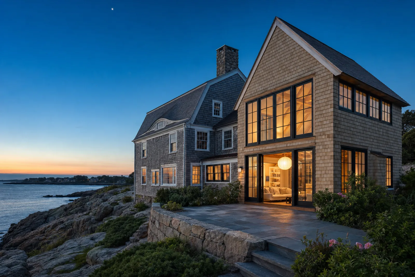 Blue-hour view of a gray cedar-shingle gambrel house on granite ledge above the ocean, with a new two-story shingled addition whose tall black-framed windows glow with warm interior light over a bluestone terrace