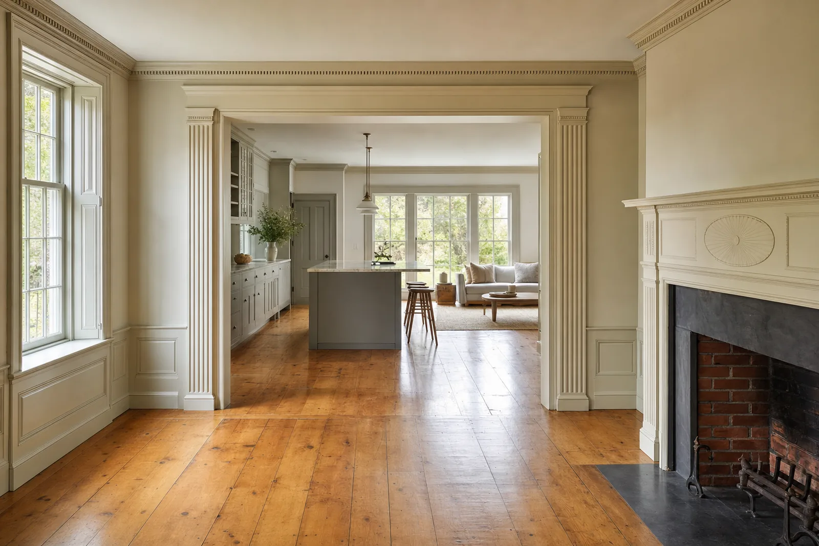 Restored Federal-era parlor with a carved mantel, dentil crown molding, paneled wainscot and wide antique pine floors, looking through a fluted cased opening to a new kitchen and family room at the back of the house