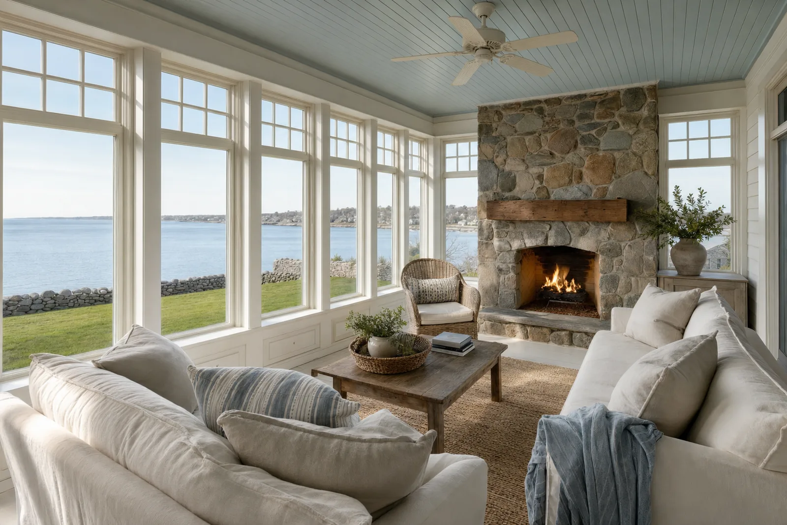 Four-season porch with walls of tall white windows under divided-light transoms, a pale blue beadboard ceiling, a fieldstone fireplace with a wood mantel and slipcovered sofas, overlooking a lawn, a stone wall and calm harbor water