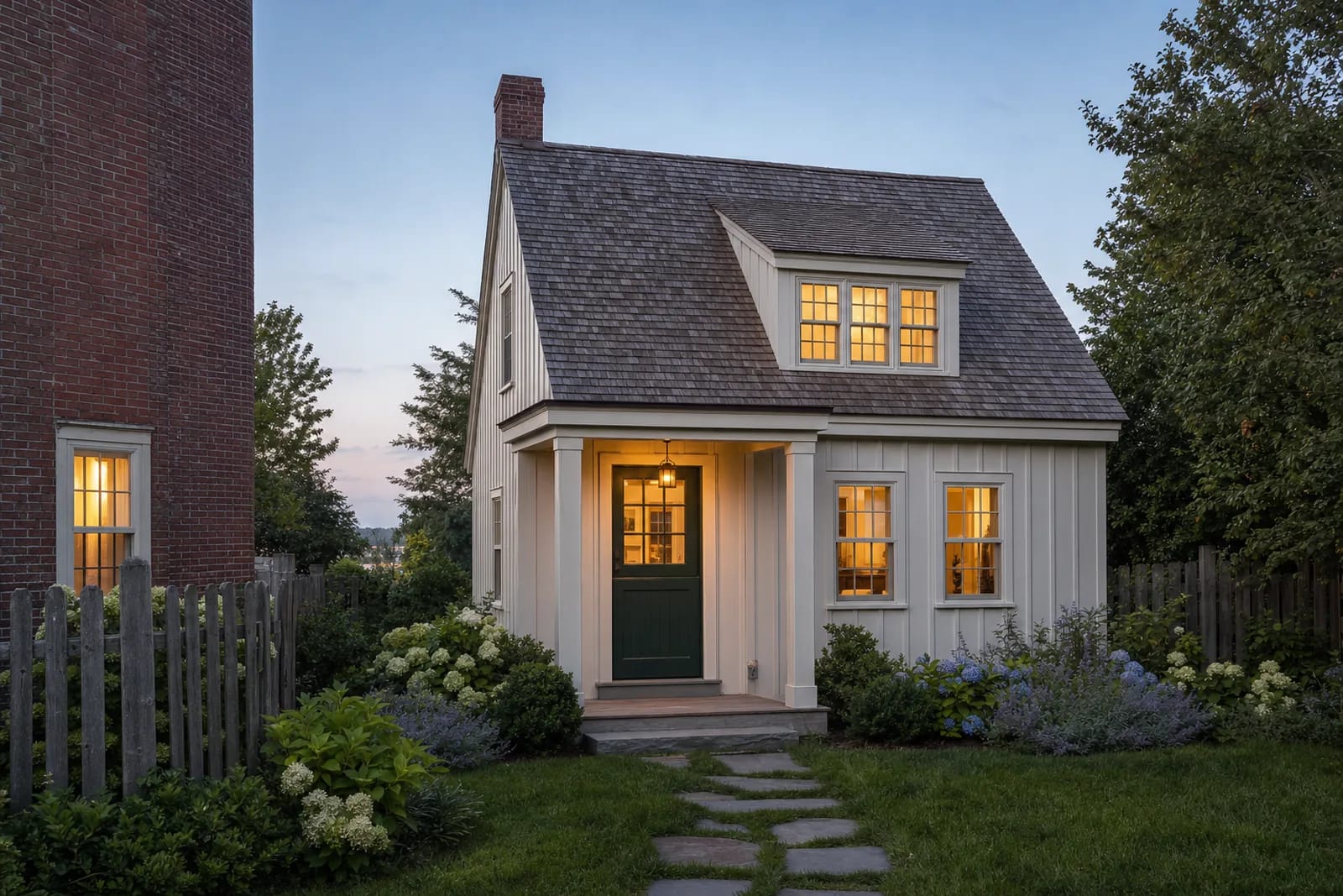 Small off-white board-and-batten cottage with a cedar-shingle roof, a shed dormer, a small columned entry porch and a green half-glass door, lit from inside at dusk, reached by a bluestone stepping-stone path through hydrangeas beside a brick house
