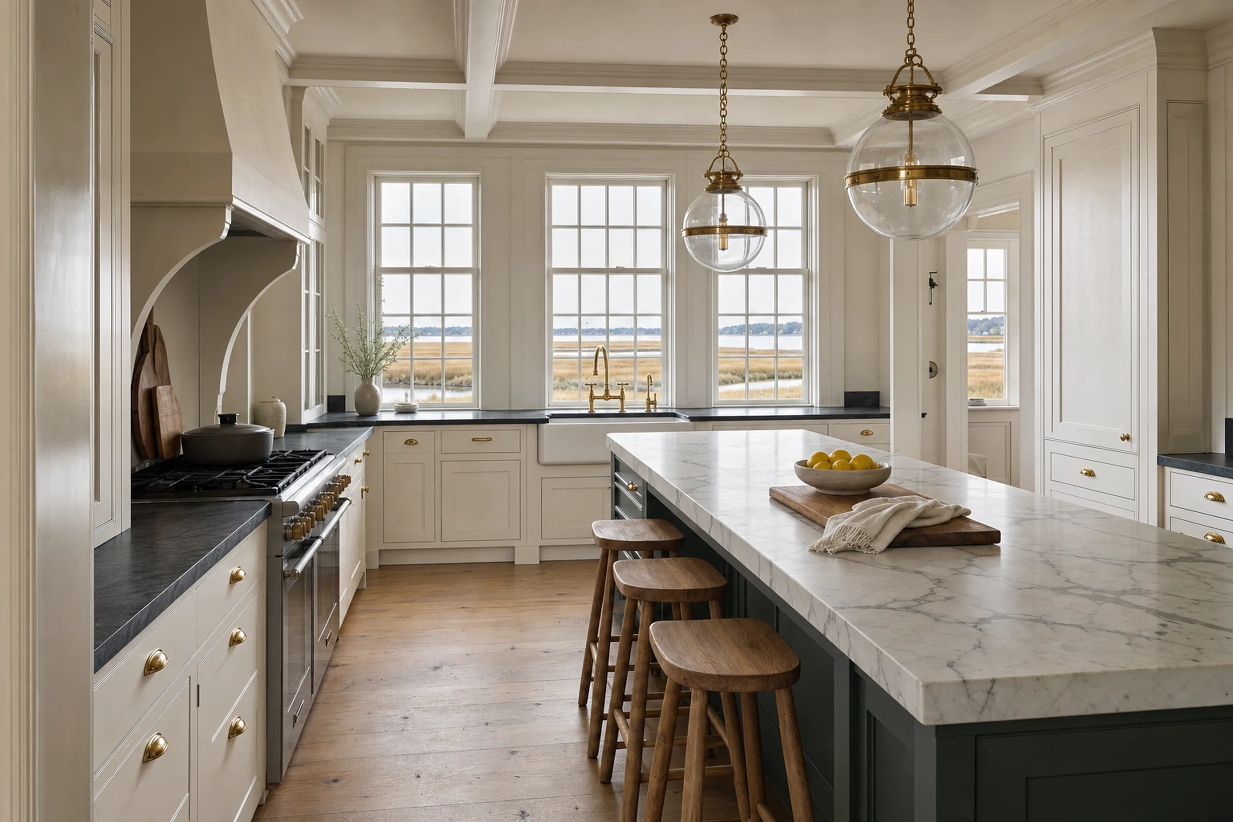 Kitchen with warm white inset cabinetry and brass cup pulls, a long green-gray island with a thick honed marble top and three wood stools, dark soapstone counters, a plaster hood on curved corbels over a professional range, two clear glass globe pendants, and a fireclay sink under three divided-light windows facing a salt marsh
