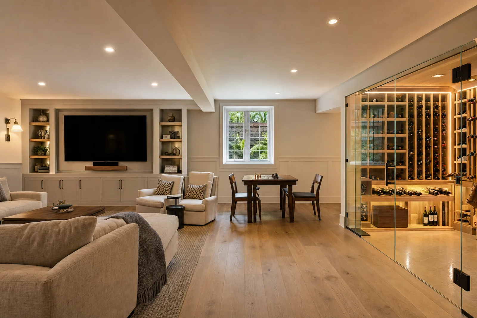 Finished basement with wide white oak floors, a sectional and two linen armchairs, a painted media wall with lit shelves, a walnut game table under a casement window that opens onto a stone-lined window well, and a frameless glass wine room with lit white oak racks