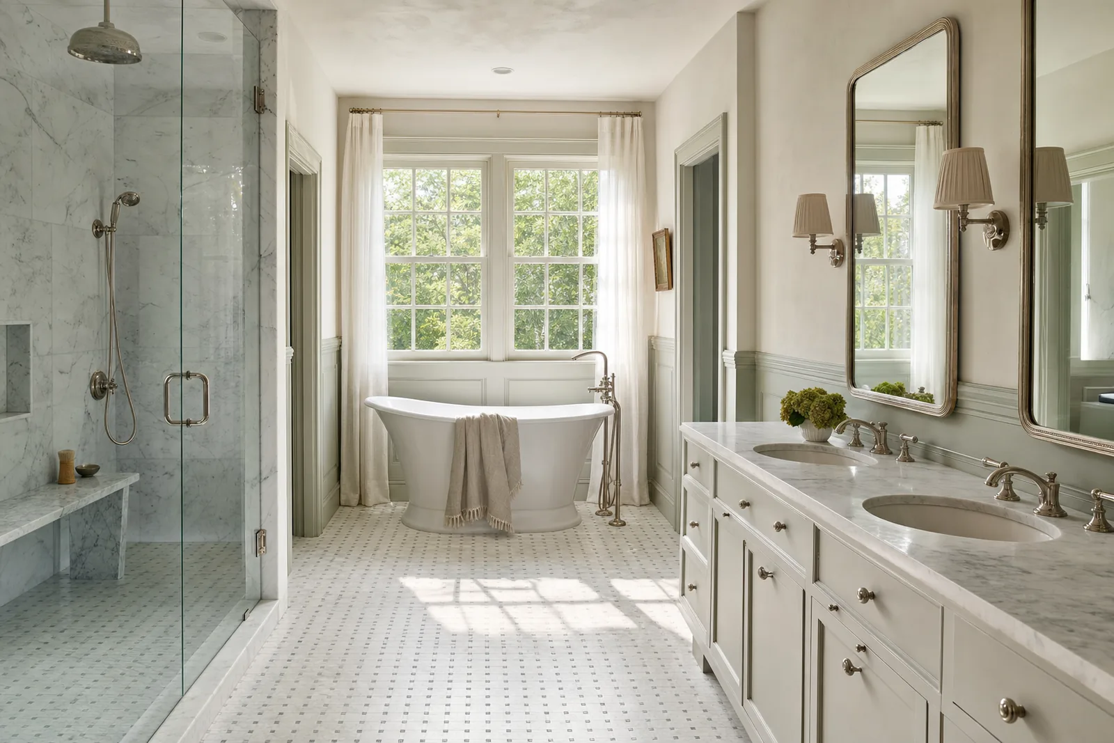Primary bathroom with a freestanding white tub under a divided-light window, marble basketweave mosaic floor, painted gray-green wainscot, a frameless glass steam shower with a marble bench and a double vanity with nickel fittings in morning light